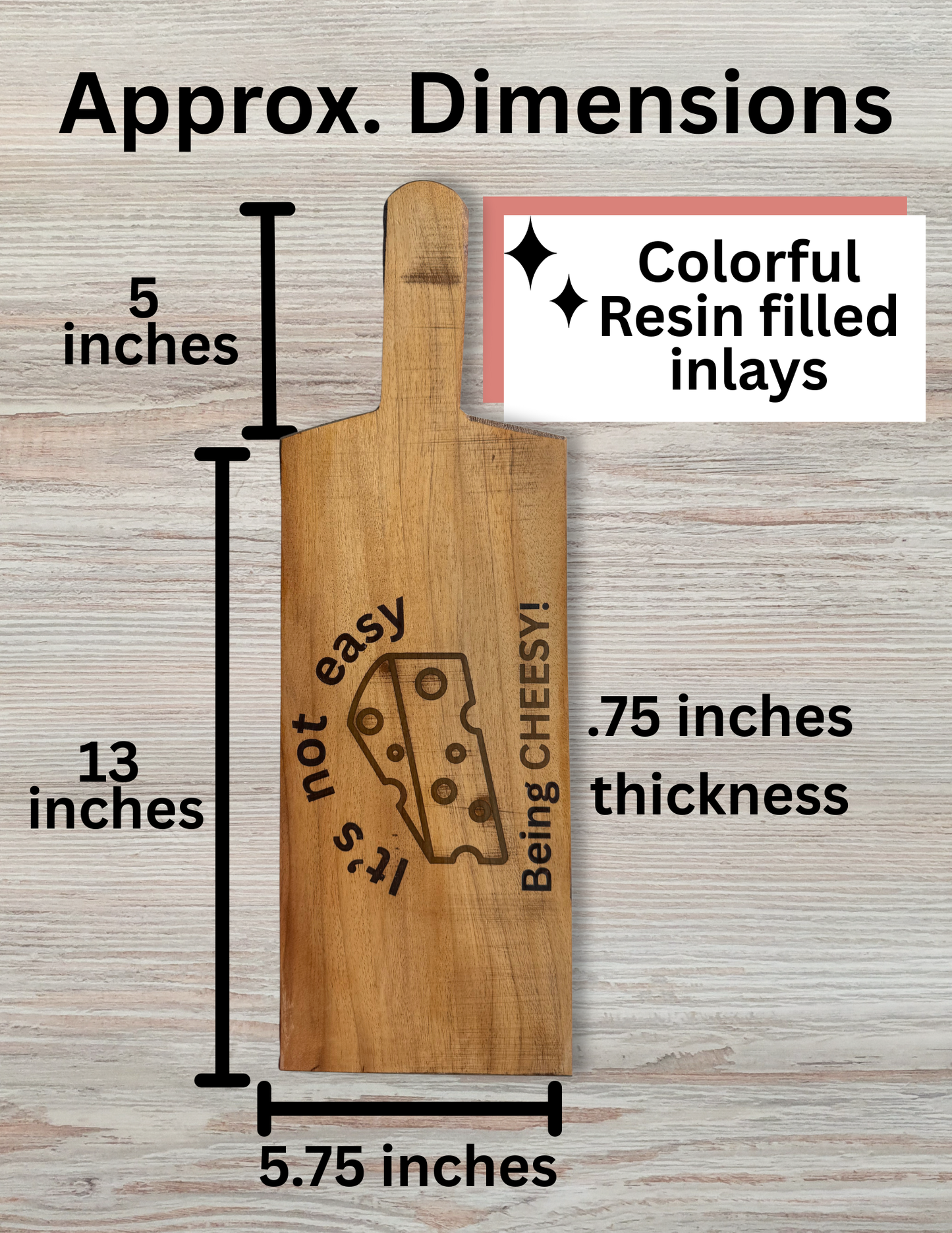 Not Easy Being Cheesy Cutting Board – Colorful Resin Inlay Wood Charcuterie Paddle Board