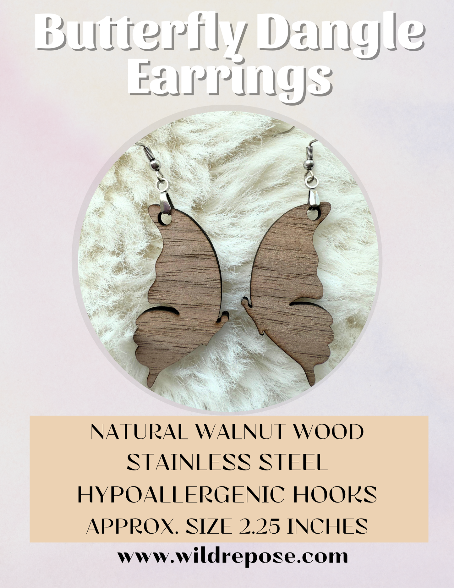 Butterfly Solid Walnut Wood Earrings – Hypoallergenic Stainless Steel Hooks