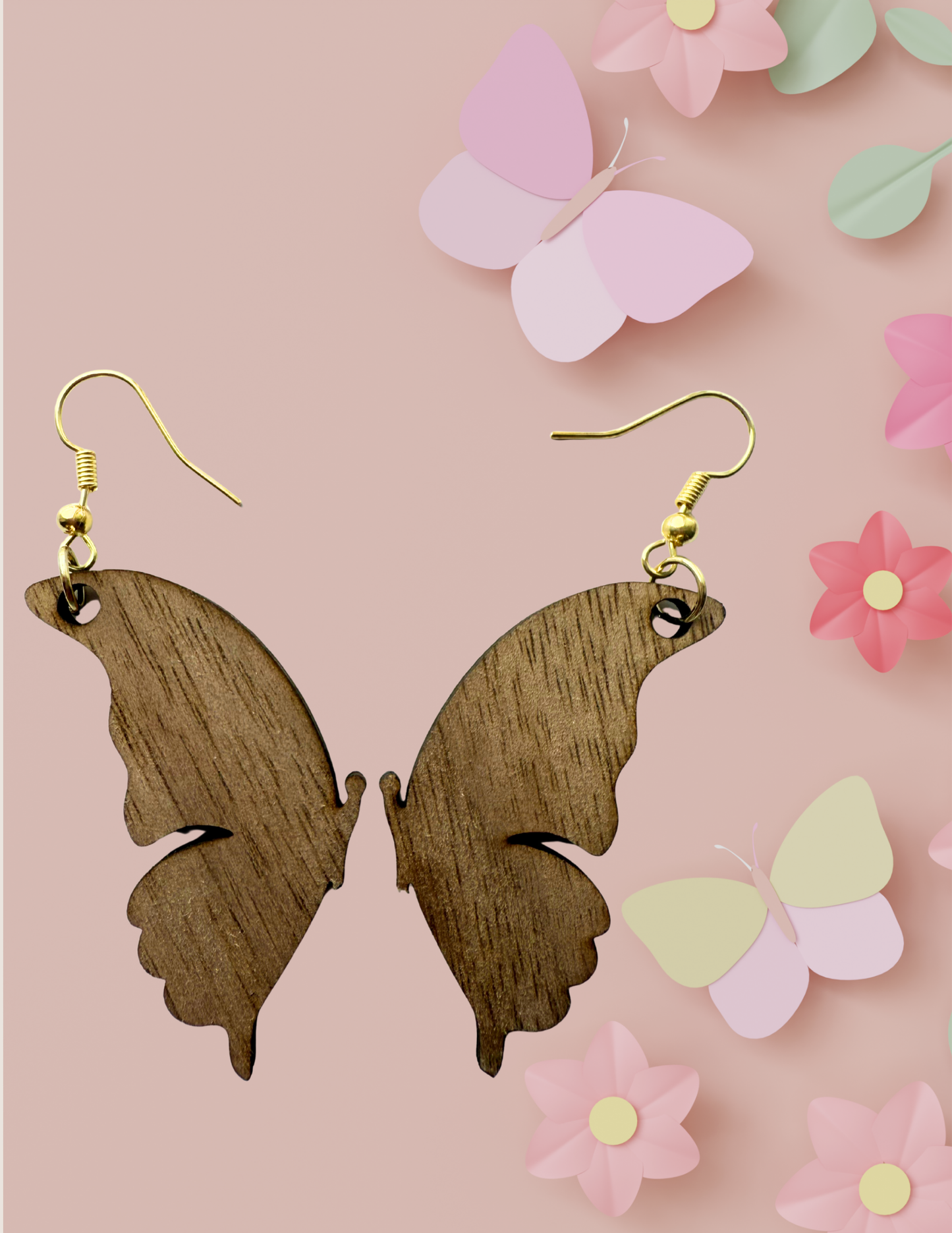 Butterfly Solid Walnut Wood Earrings – Hypoallergenic Nickel-Free Gold Hooks