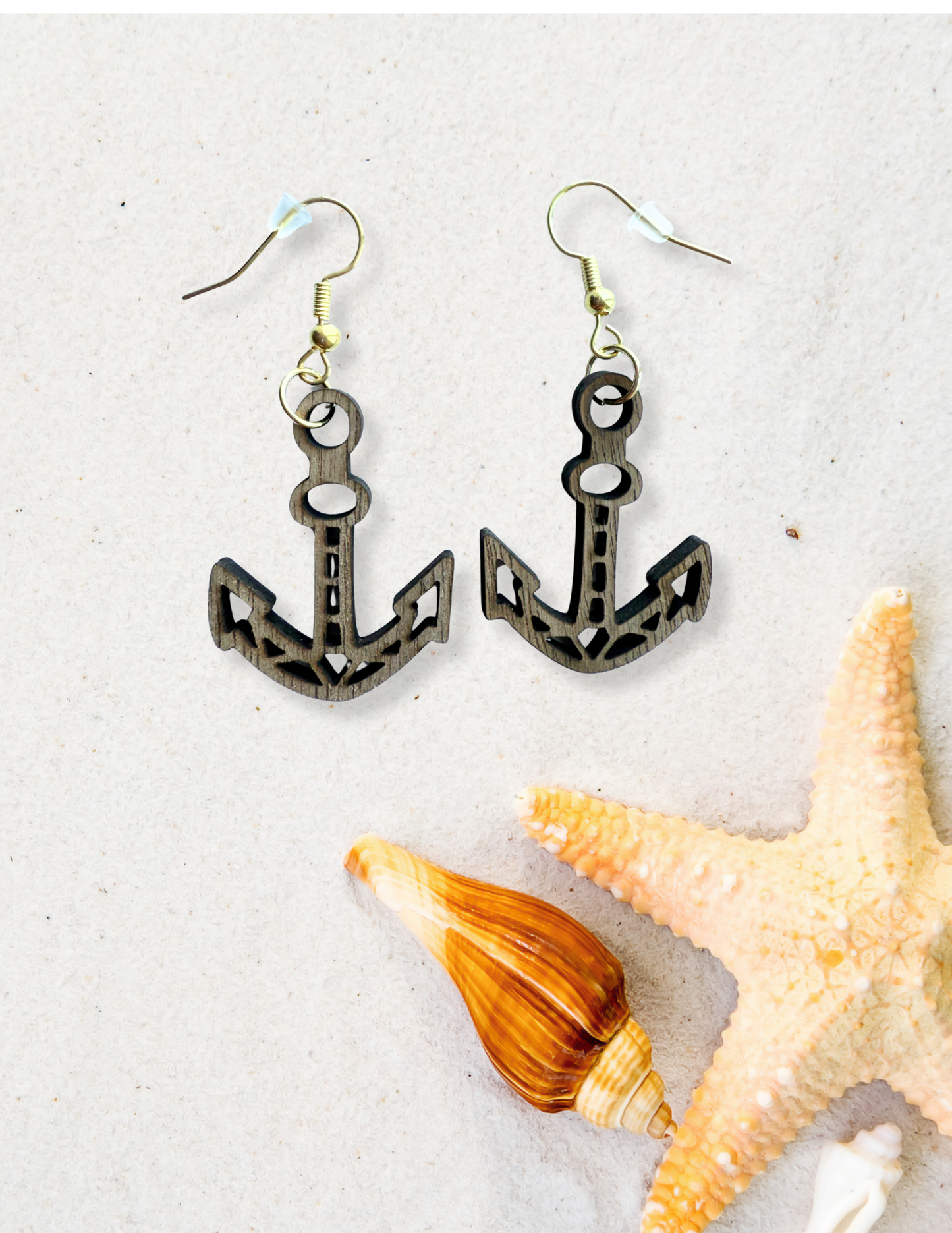 Wooden Walnut Anchor Earrings – Nautical Boho Jewelry Nickel-Free Gold Hooks