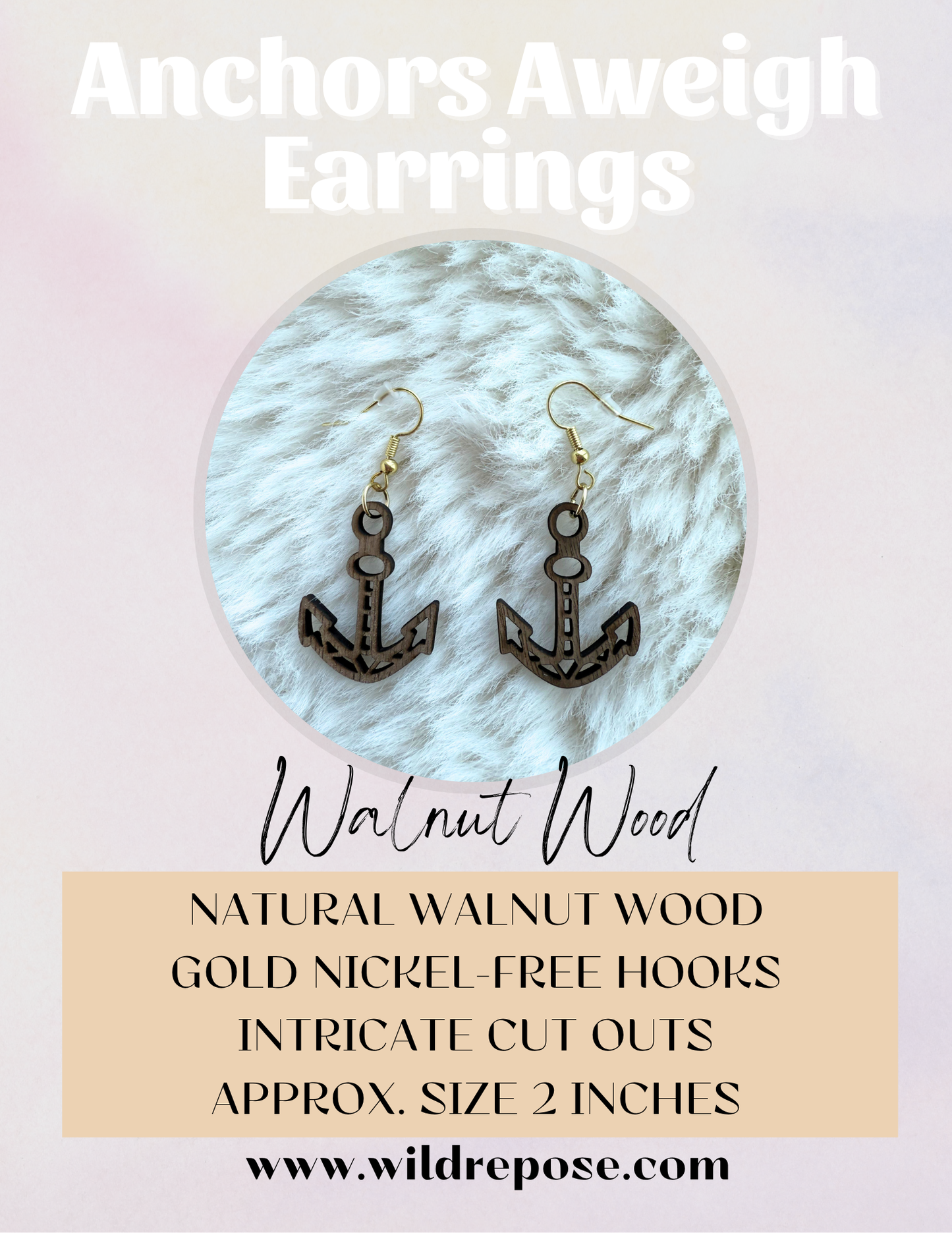 Wooden Walnut Anchor Earrings – Nautical Boho Jewelry Nickel-Free Gold Hooks
