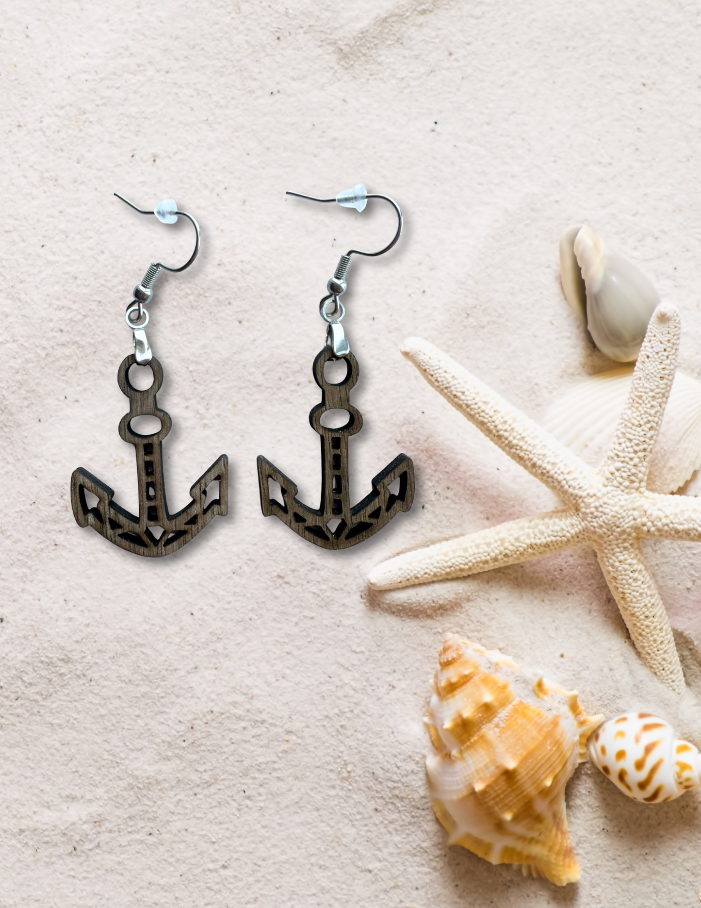 Wooden Walnut Anchor Earrings – Nautical Boho Jewelry Stainless Steel Hypoallergenic Hooks
