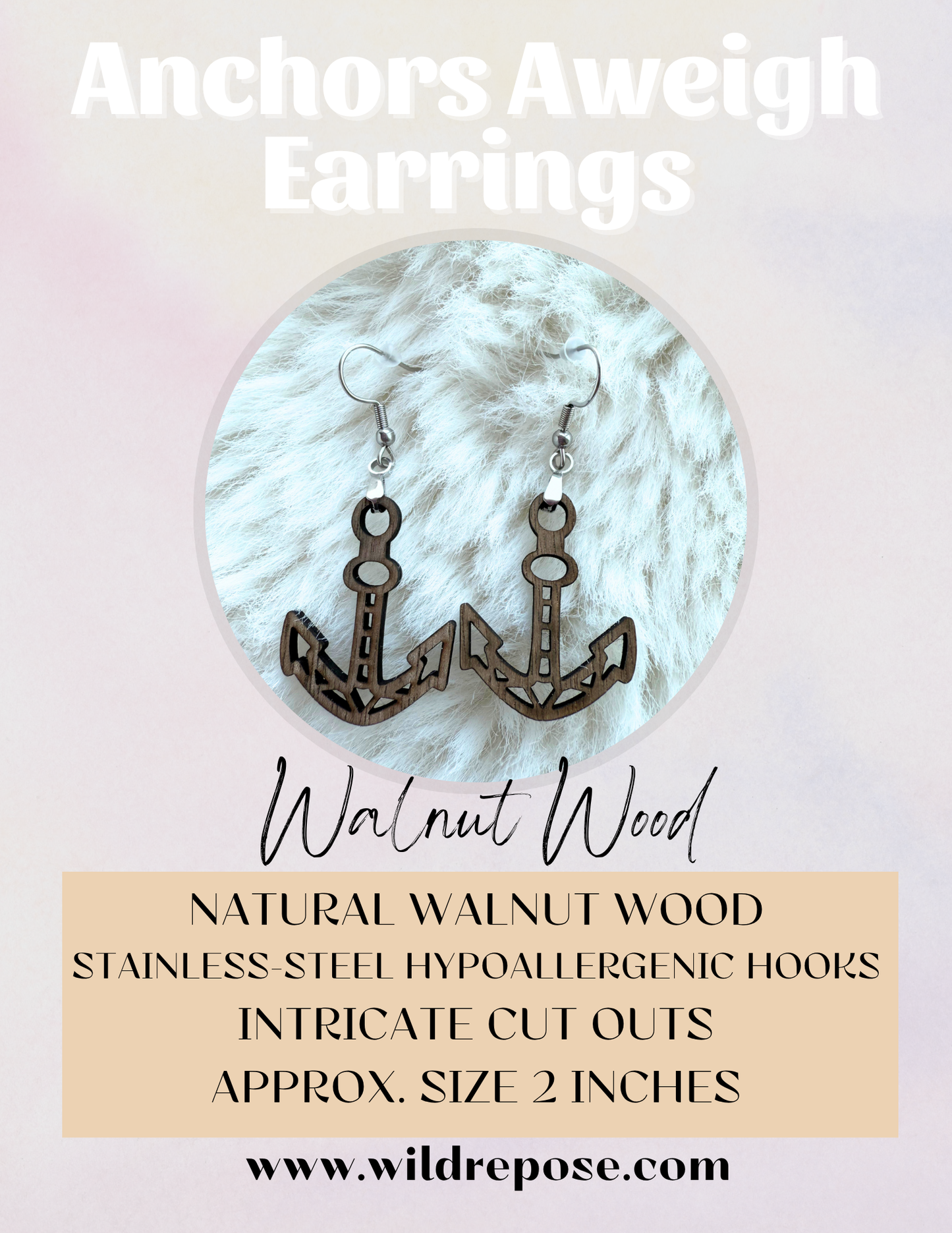 Wooden Walnut Anchor Earrings – Nautical Boho Jewelry Stainless Steel Hypoallergenic Hooks