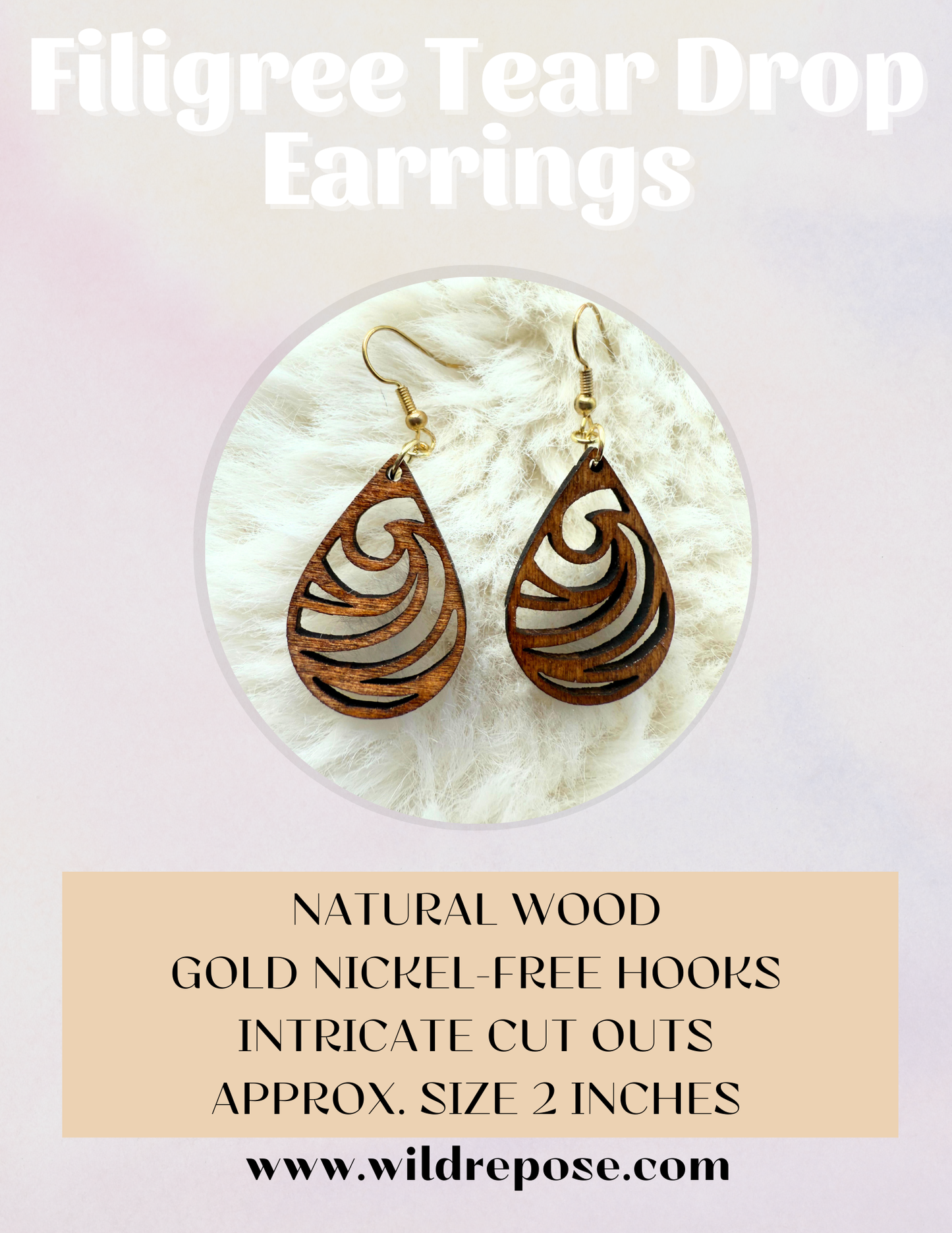 Filigree Tear Drop Wooden Earrings – Lightweight & Nickel-Free