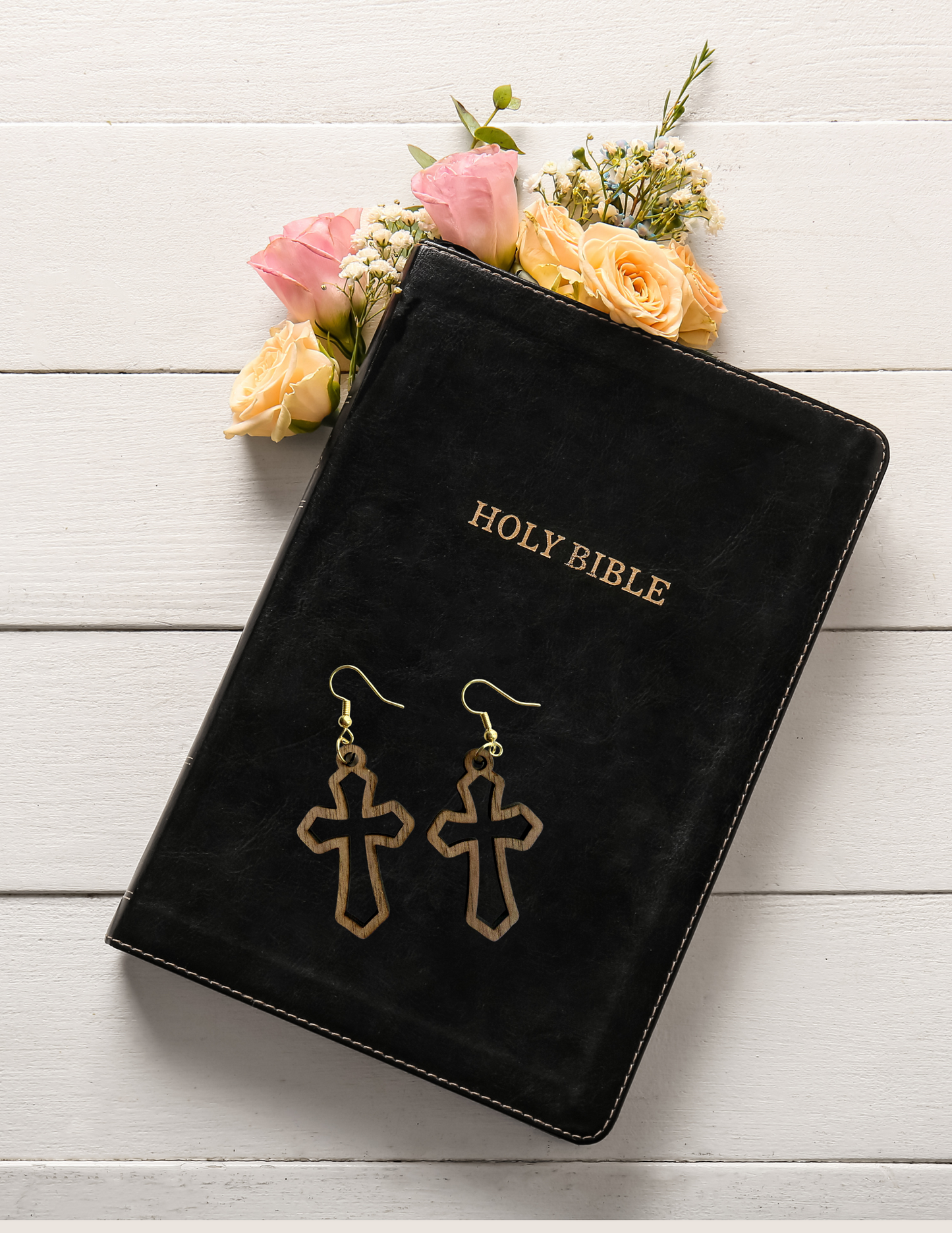 Wooden Hollow Cross Earrings – Handcrafted Walnut Wood -Nickel Free Gold Hook