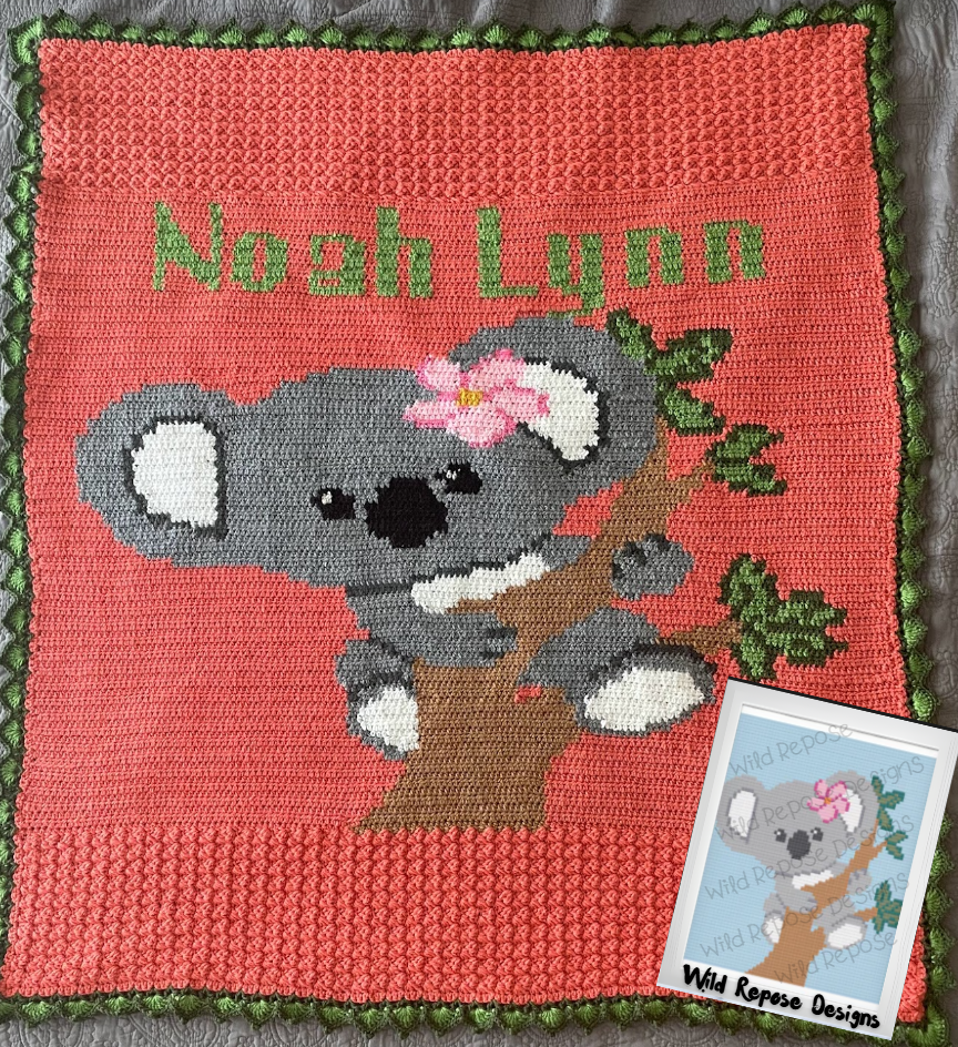 Koala with Flower on Branch Crochet Pattern 74 x 80 C2C
