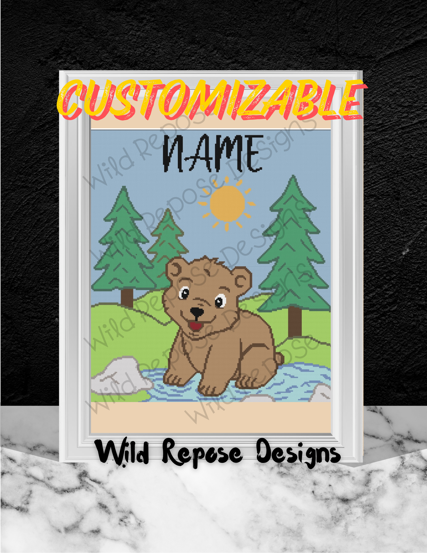 Bear Cub at Pond CUSTOM NAME Crochet Pattern 200x220
