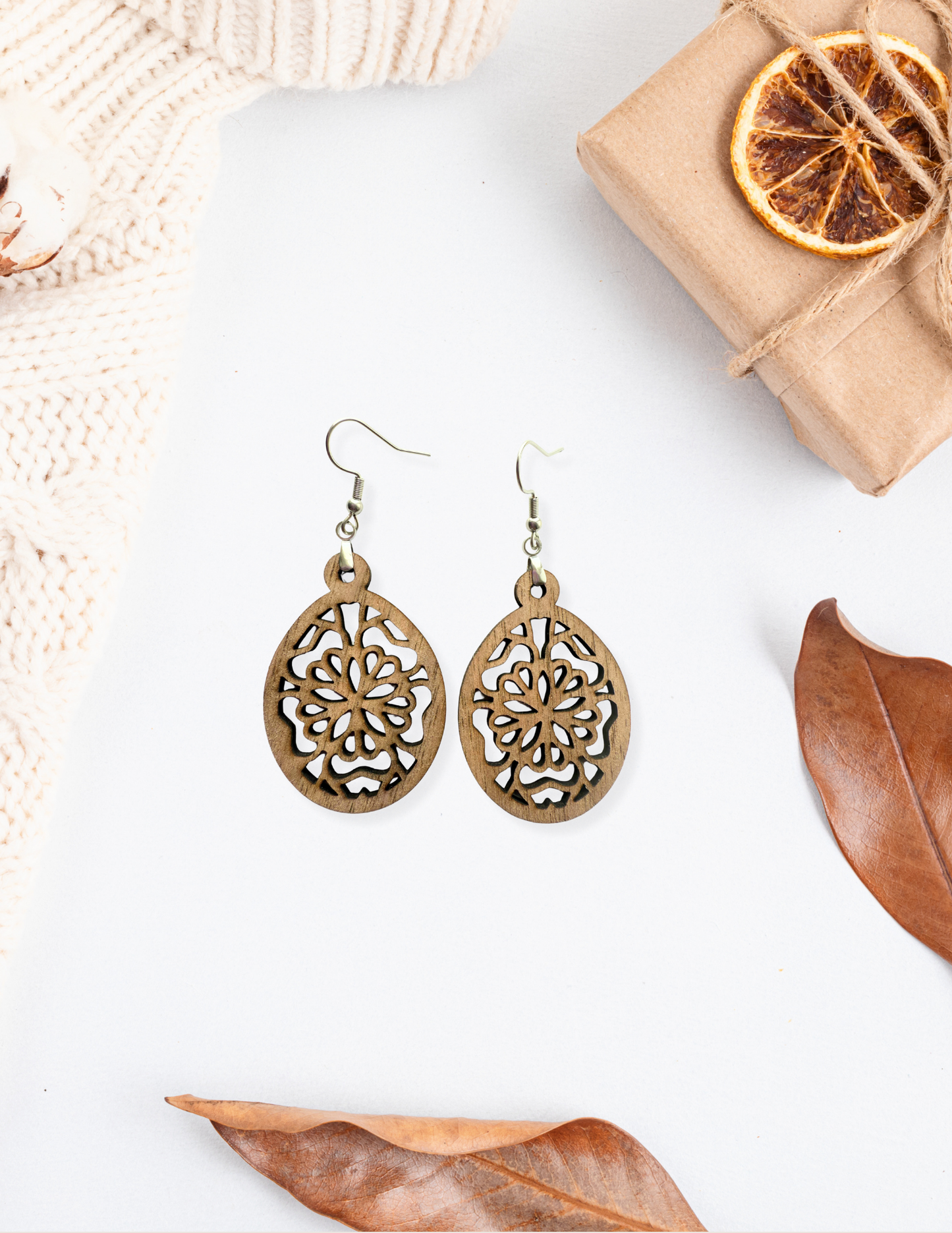 Handcrafted Wooden Filigree Oval Earrings – Lightweight Boho Jewelry