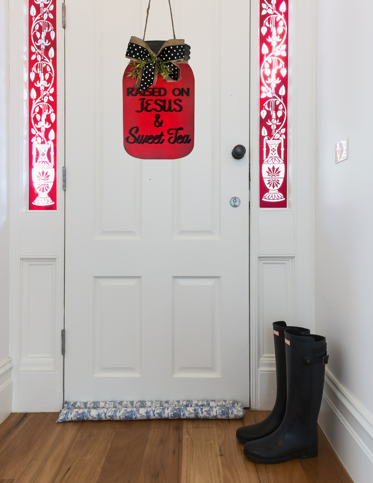 Raised on Jesus & Sweet Tea – Rustic Red Mason Jar Door Hanger (16" x 9.5")