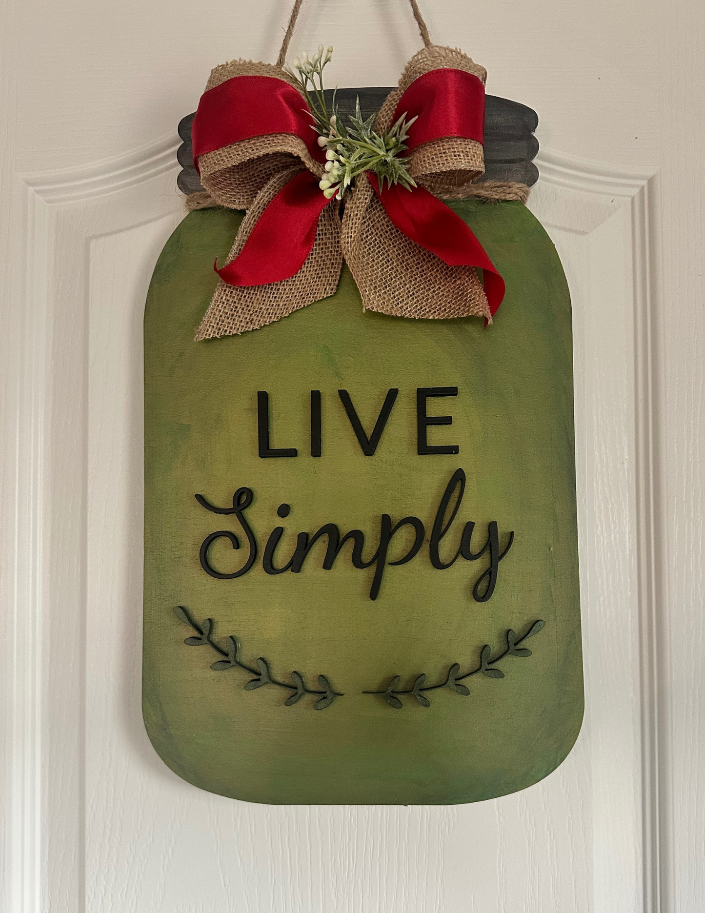 “Live Simply” Rustic Mason Jar Door Hanger – Green Farmhouse Wall Decor (16” x 9.5”)