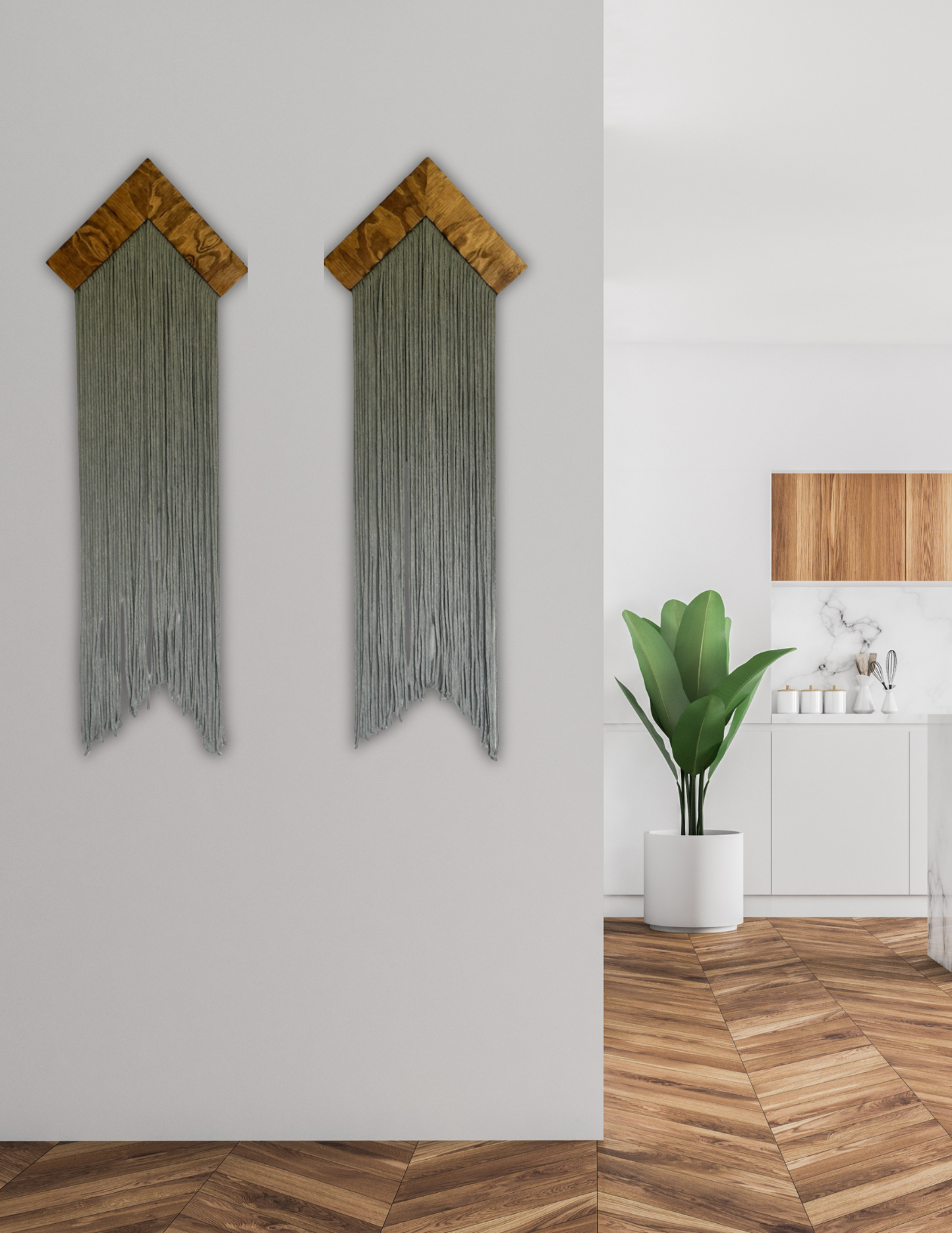 Modern Minimalist Macramé Wall Hanging – Set of 2 with Wood Accents