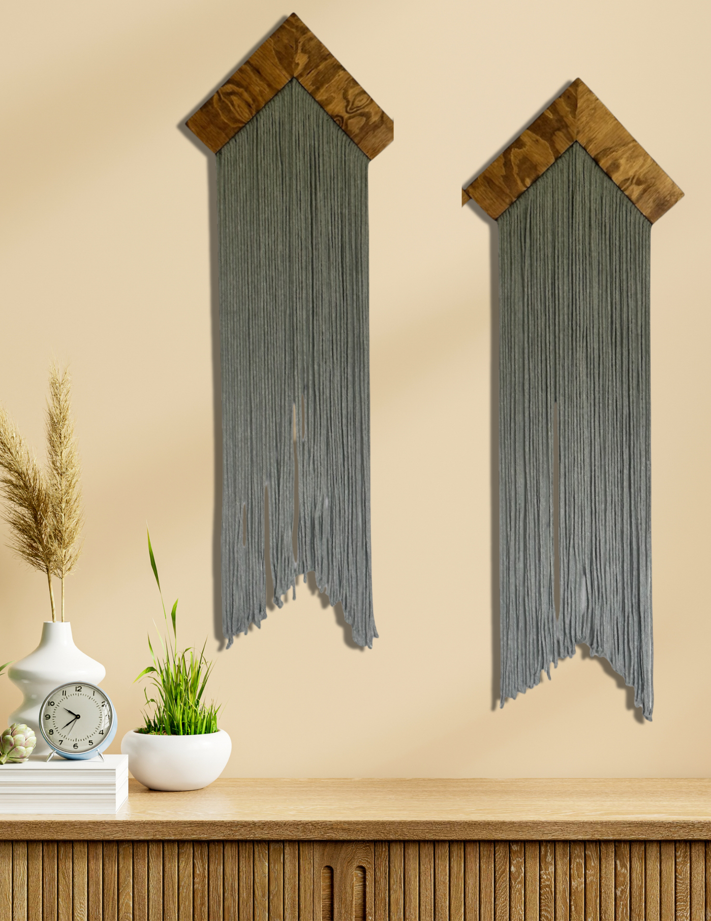 Modern Minimalist Macramé Wall Hanging – Set of 2 with Wood Accents