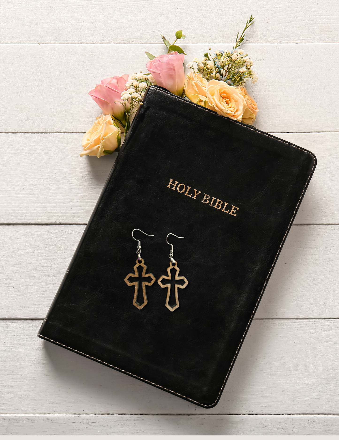 Wooden Hollow Cross Earrings – Handcrafted Walnut Wood - Silver Hypoallergenic Hook