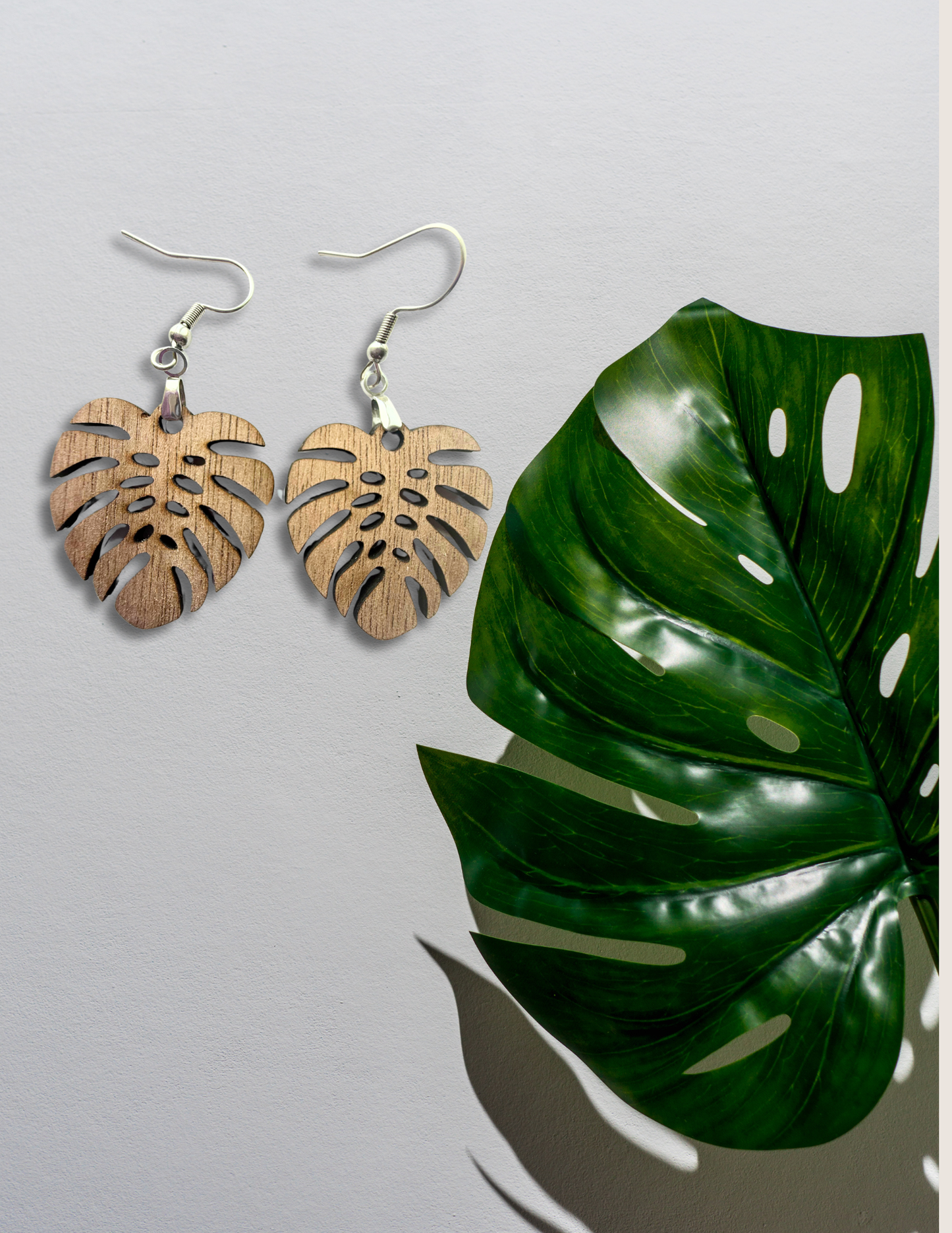 Monstera Leaf Walnut Wood Earrings – Hypoallergenic Stainless Steel Hooks