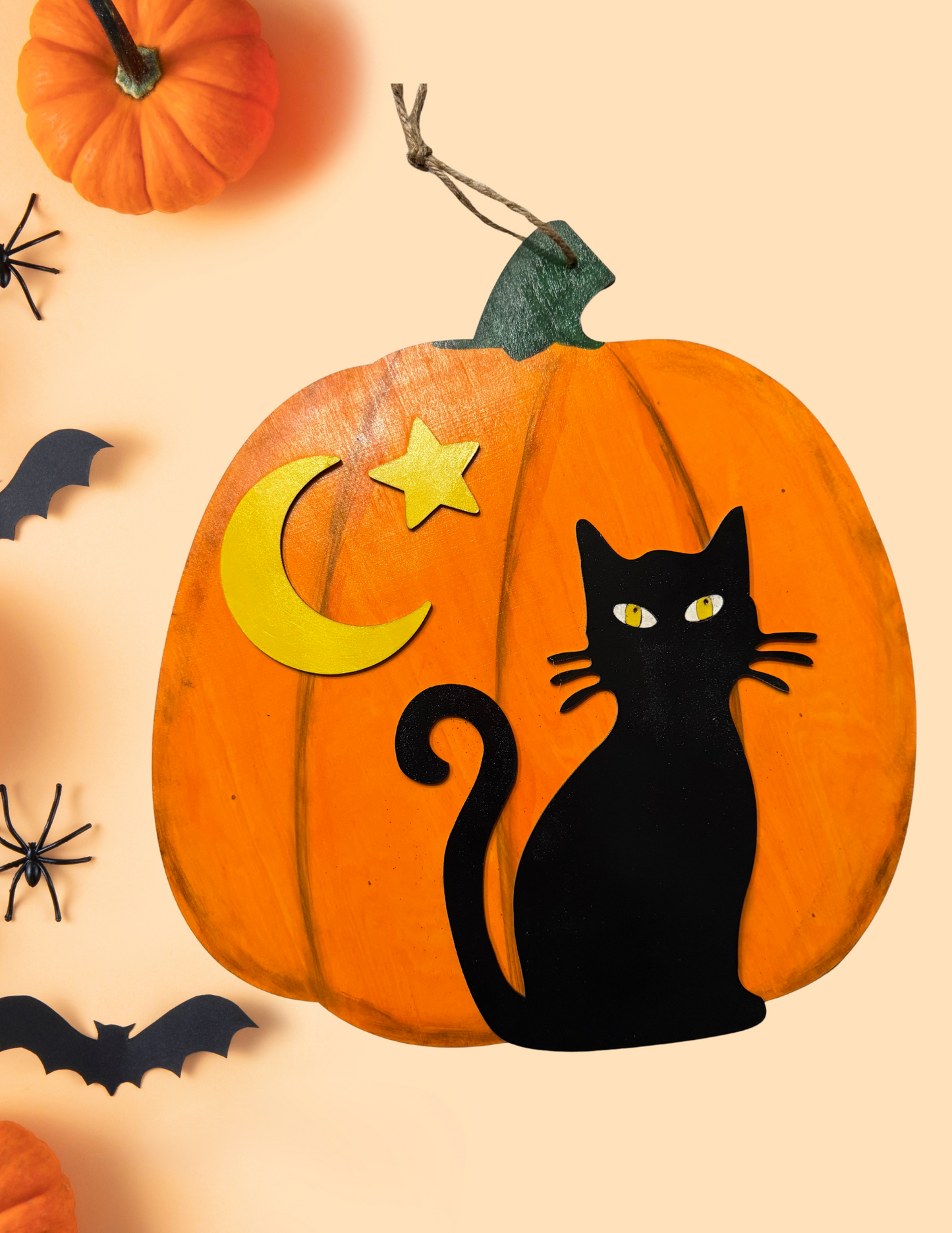 Black Cat Pumpkin Door Hanger – Halloween Moon & Star Porch Decor (18” x 16”)