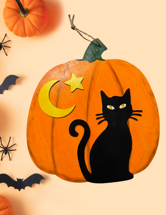 Black Cat Pumpkin Door Hanger – Halloween Moon & Star Porch Decor (18” x 16”)