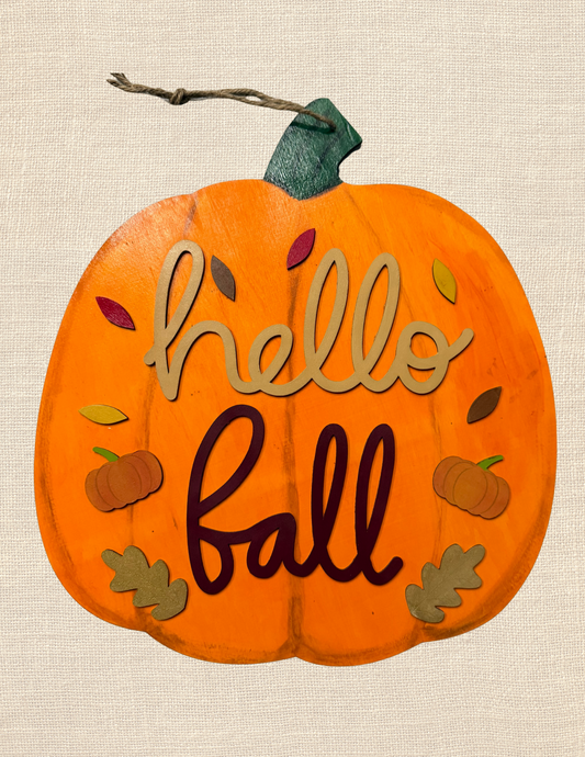 Hello Fall Pumpkin Door Hanger – Rustic Autumn Wall & Porch Decor (18” x 16”)