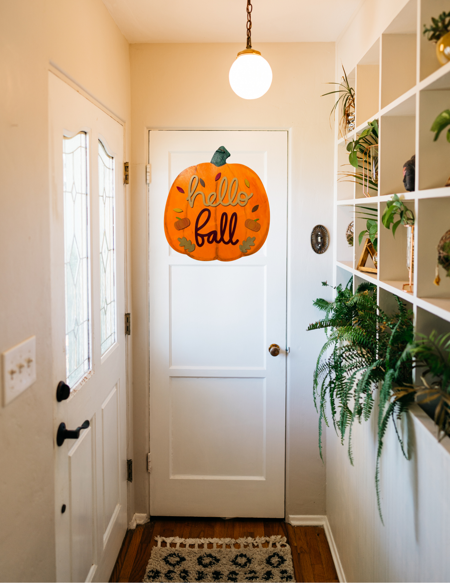Hello Fall Pumpkin Door Hanger – Rustic Autumn Wall & Porch Decor (18” x 16”)