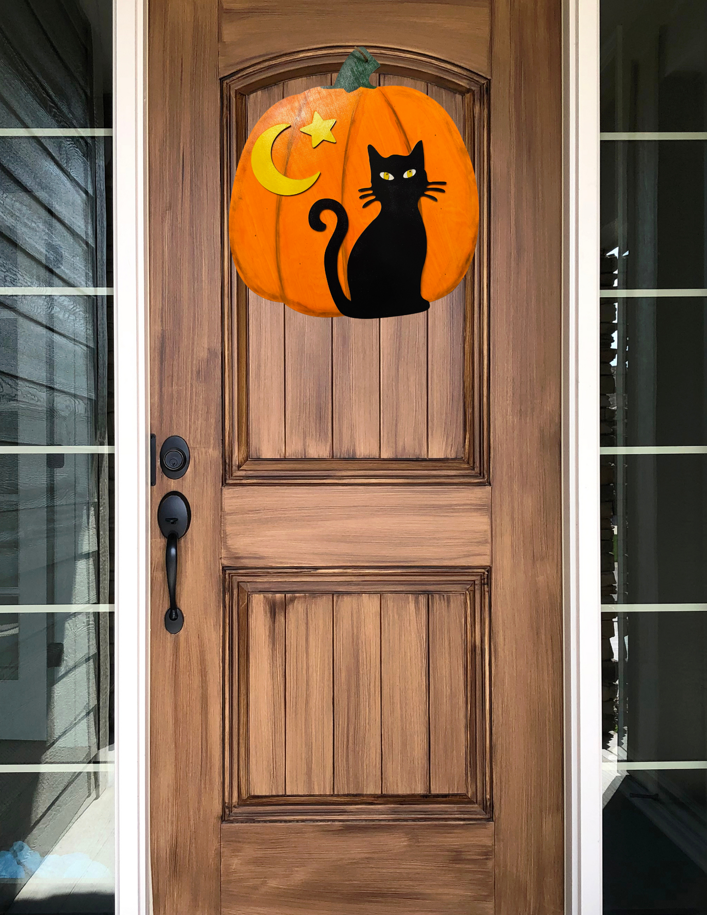 Black Cat Pumpkin Door Hanger – Halloween Moon & Star Porch Decor (18” x 16”)