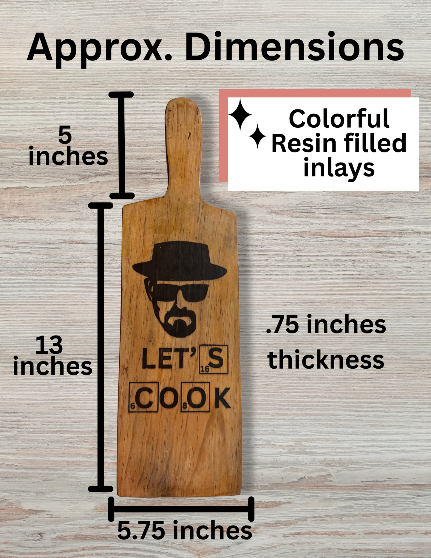 Let's Cook Cutting Board – Colorful Resin Inlay Wood Charcuterie Paddle Board