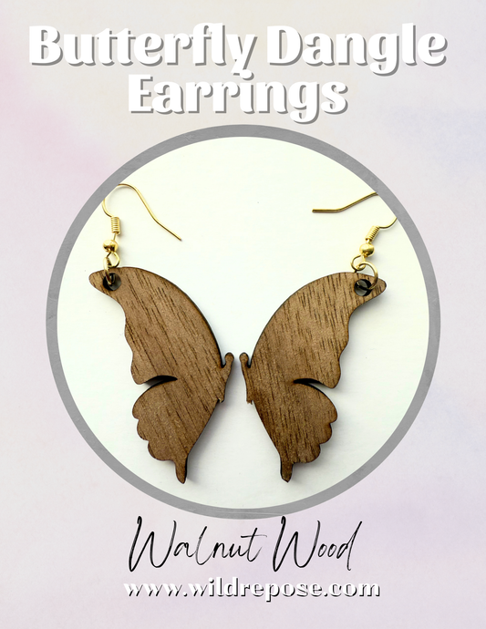 Butterfly Solid Walnut Wood Earrings – Hypoallergenic Nickel-Free Gold Hooks