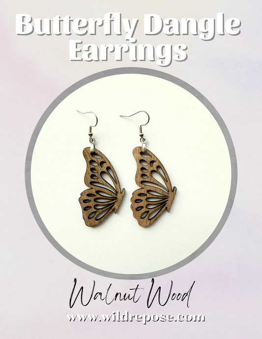 Butterfly Walnut Wood Earrings – Hypoallergenic Stainless Steel Hooks
