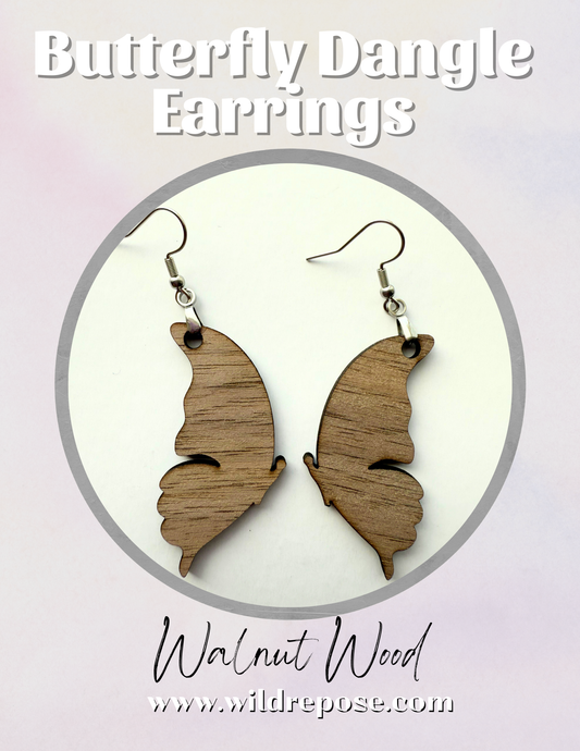 Butterfly Solid Walnut Wood Earrings – Hypoallergenic Stainless Steel Hooks