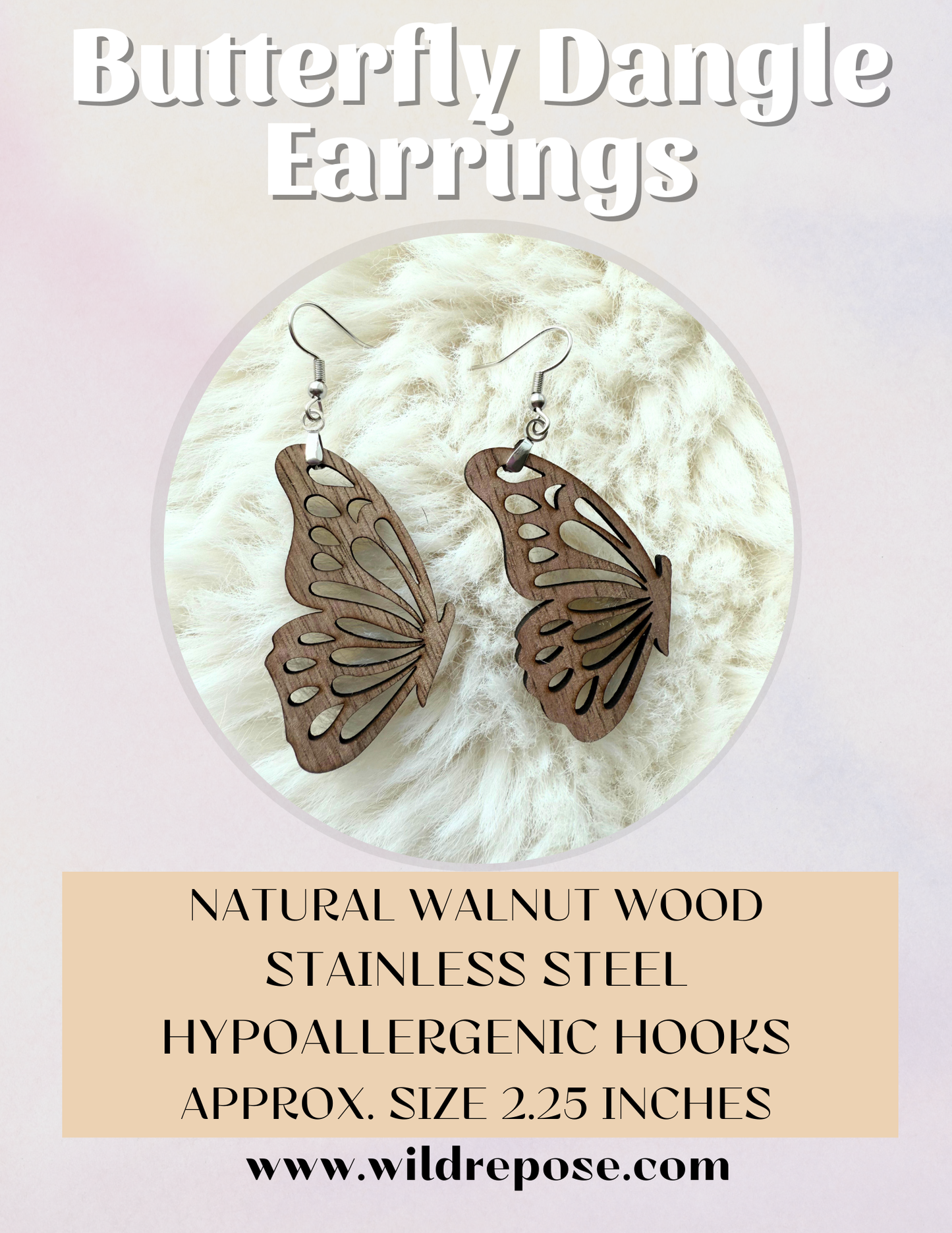 Butterfly Walnut Wood Earrings – Hypoallergenic Stainless Steel Hooks