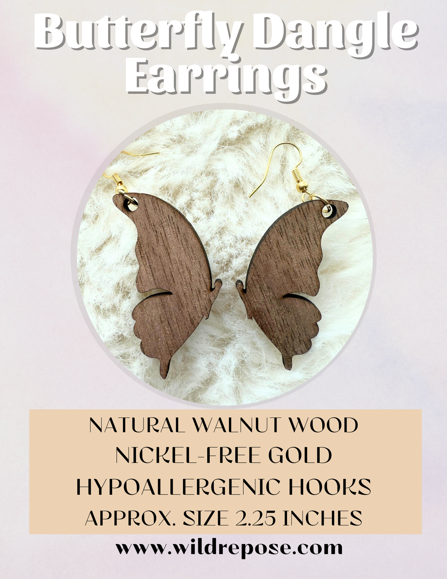 Butterfly Solid Walnut Wood Earrings – Hypoallergenic Nickel-Free Gold Hooks
