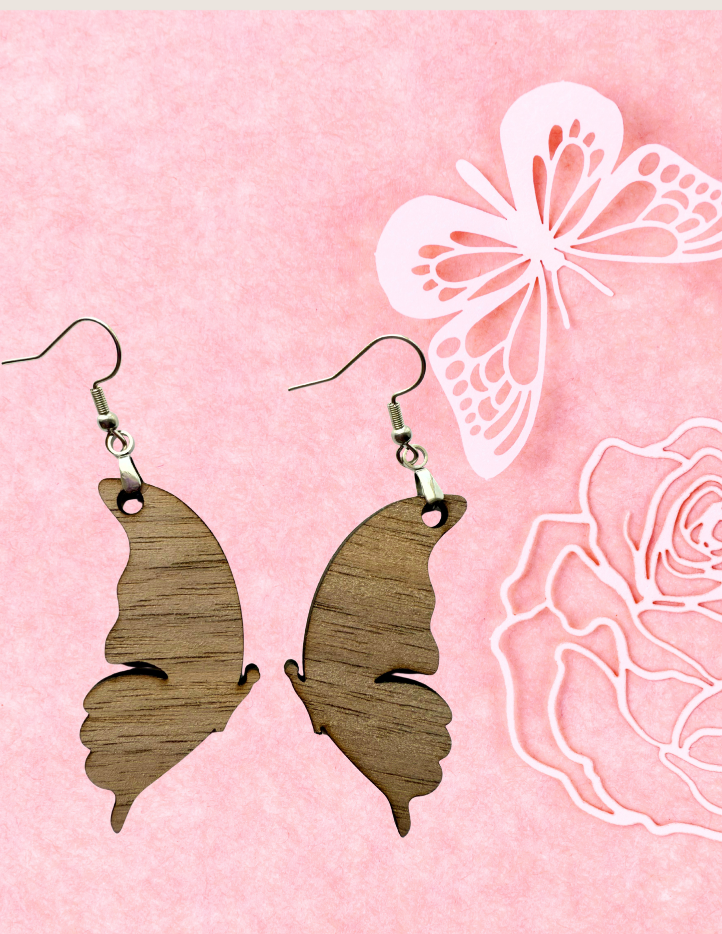 Butterfly Solid Walnut Wood Earrings – Hypoallergenic Stainless Steel Hooks