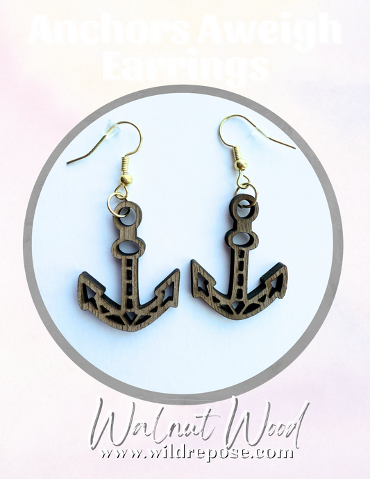 Wooden Walnut Anchor Earrings – Nautical Boho Jewelry Nickel-Free Gold Hooks