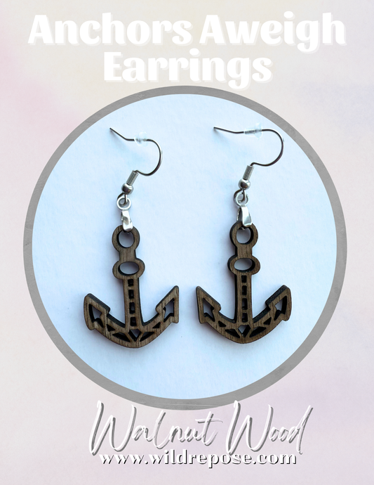 Wooden Walnut Anchor Earrings – Nautical Boho Jewelry Stainless Steel Hypoallergenic Hooks