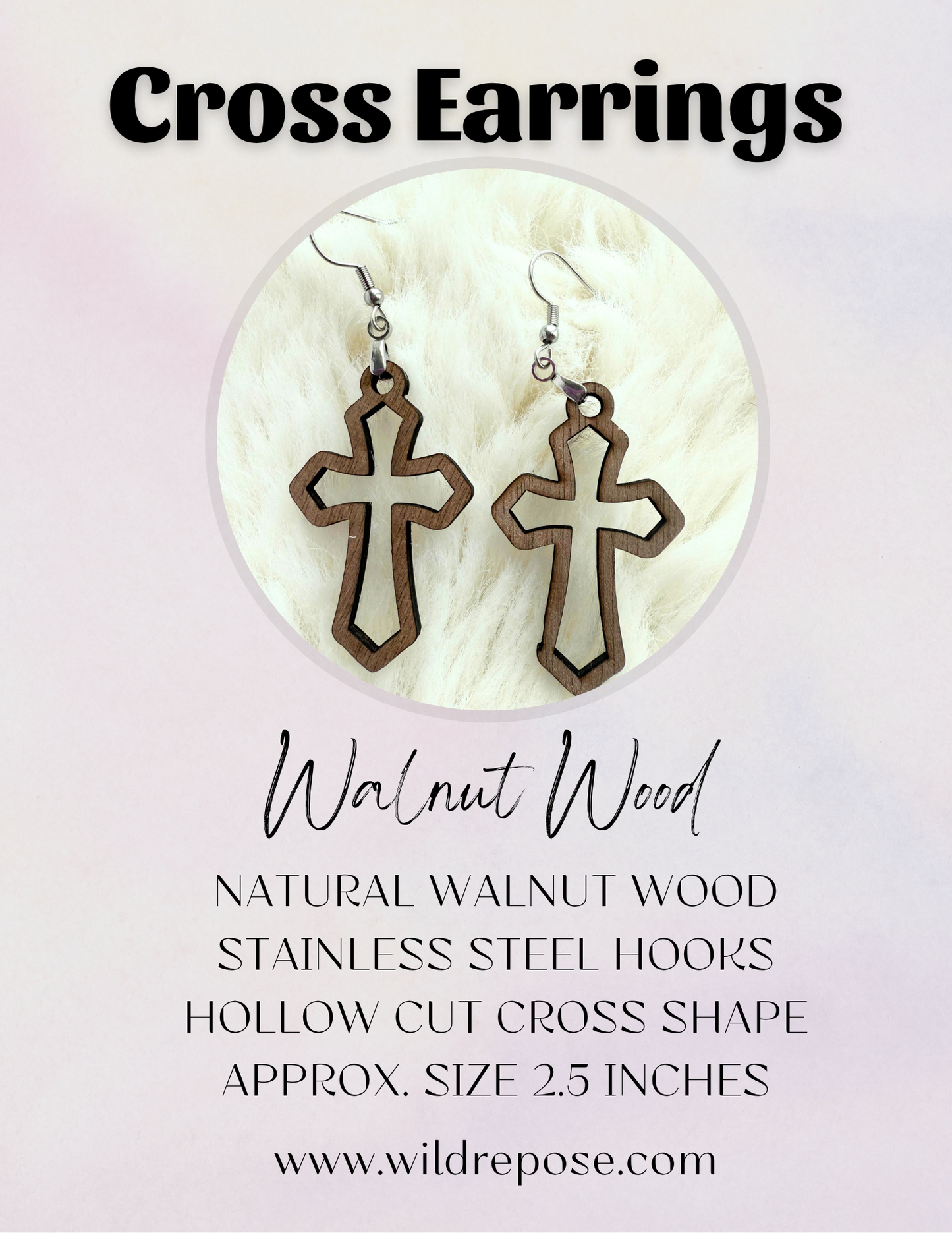 Wooden Hollow Cross Earrings – Handcrafted Walnut Wood - Silver Hypoallergenic Hook