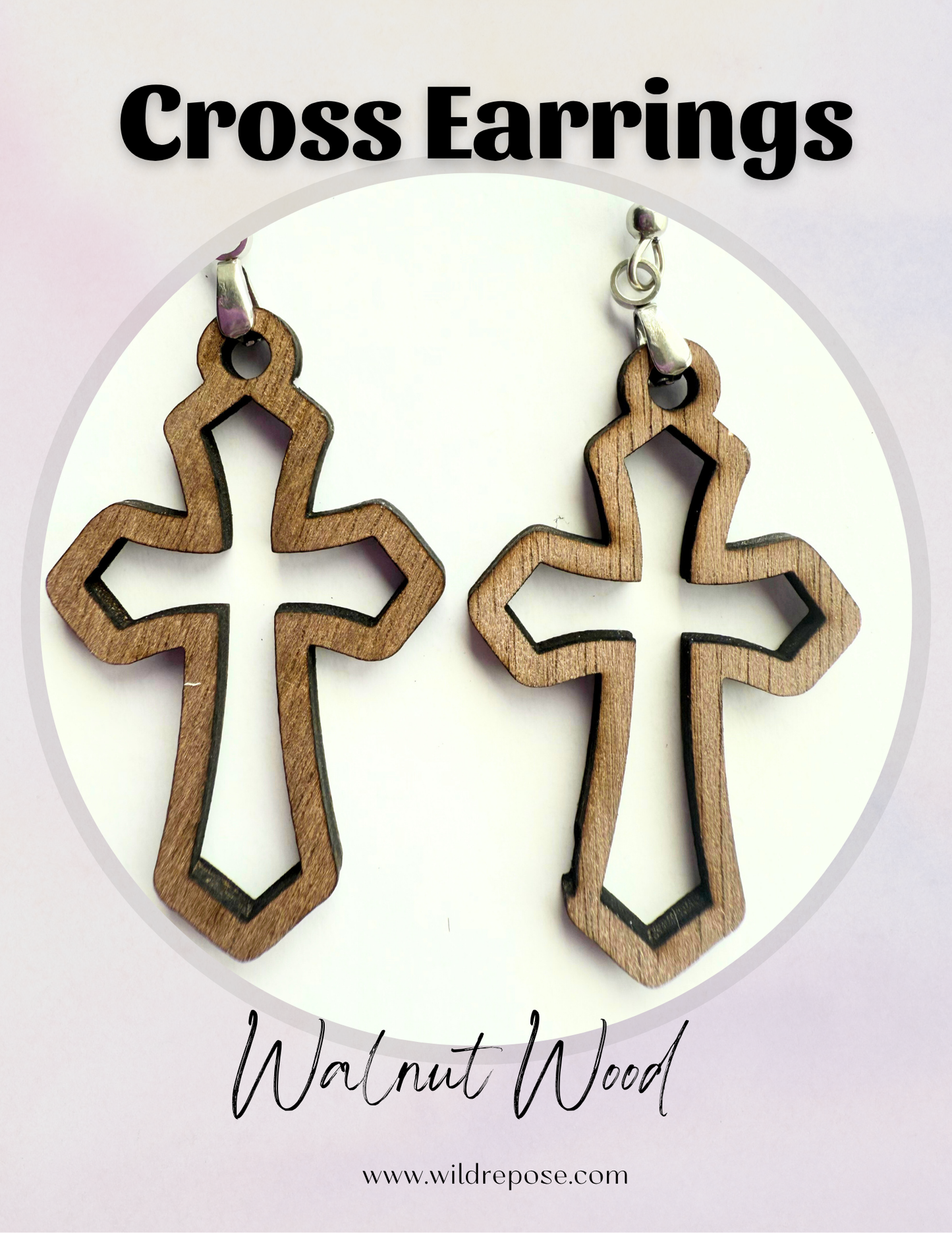 Wooden Hollow Cross Earrings – Handcrafted Walnut Wood - Silver Hypoallergenic Hook