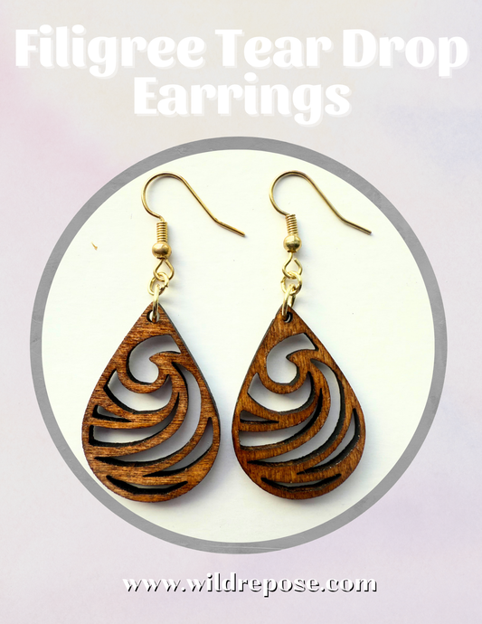 Filigree Tear Drop Wooden Earrings – Lightweight & Nickel-Free