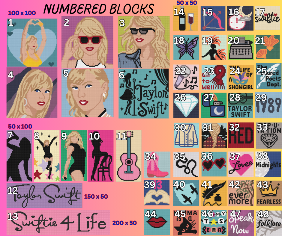 Swiftie Crochet Block Bundle – 48 Graph Patterns for Blankets & Pillows | Era-Inspired Crochet Charts