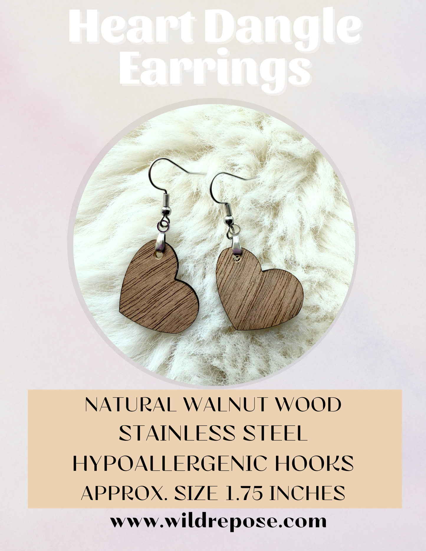 Walnut Wood Heart Earrings – Hypoallergenic Stainless Steel Hooks