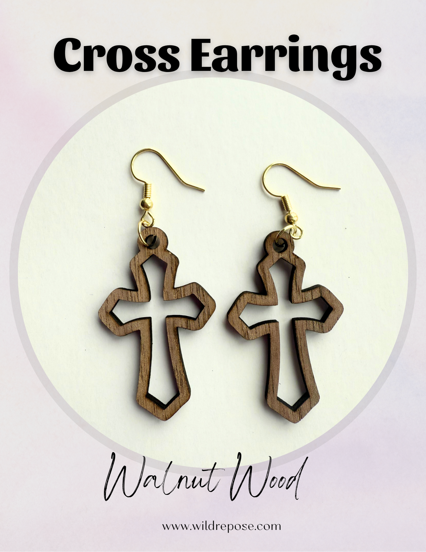 Wooden Hollow Cross Earrings – Handcrafted Walnut Wood -Nickel Free Gold Hook