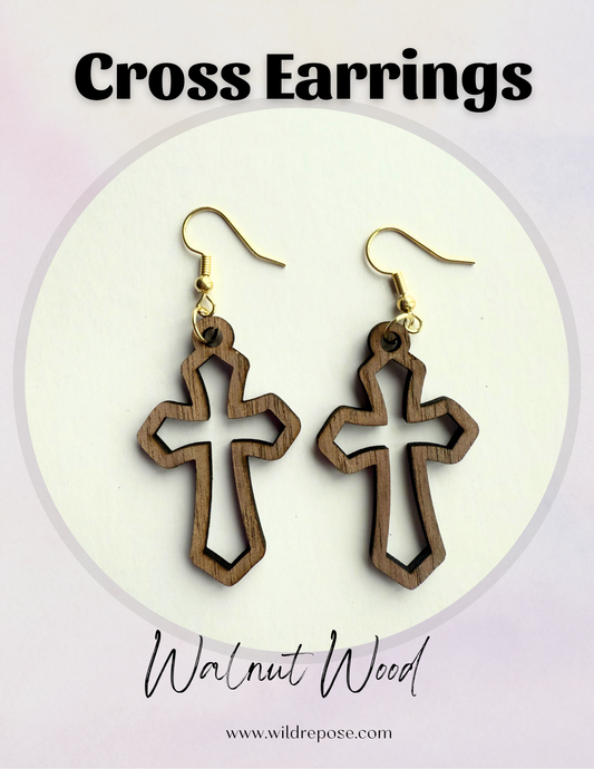 Wooden Hollow Cross Earrings – Handcrafted Walnut Wood -Nickel Free Gold Hook