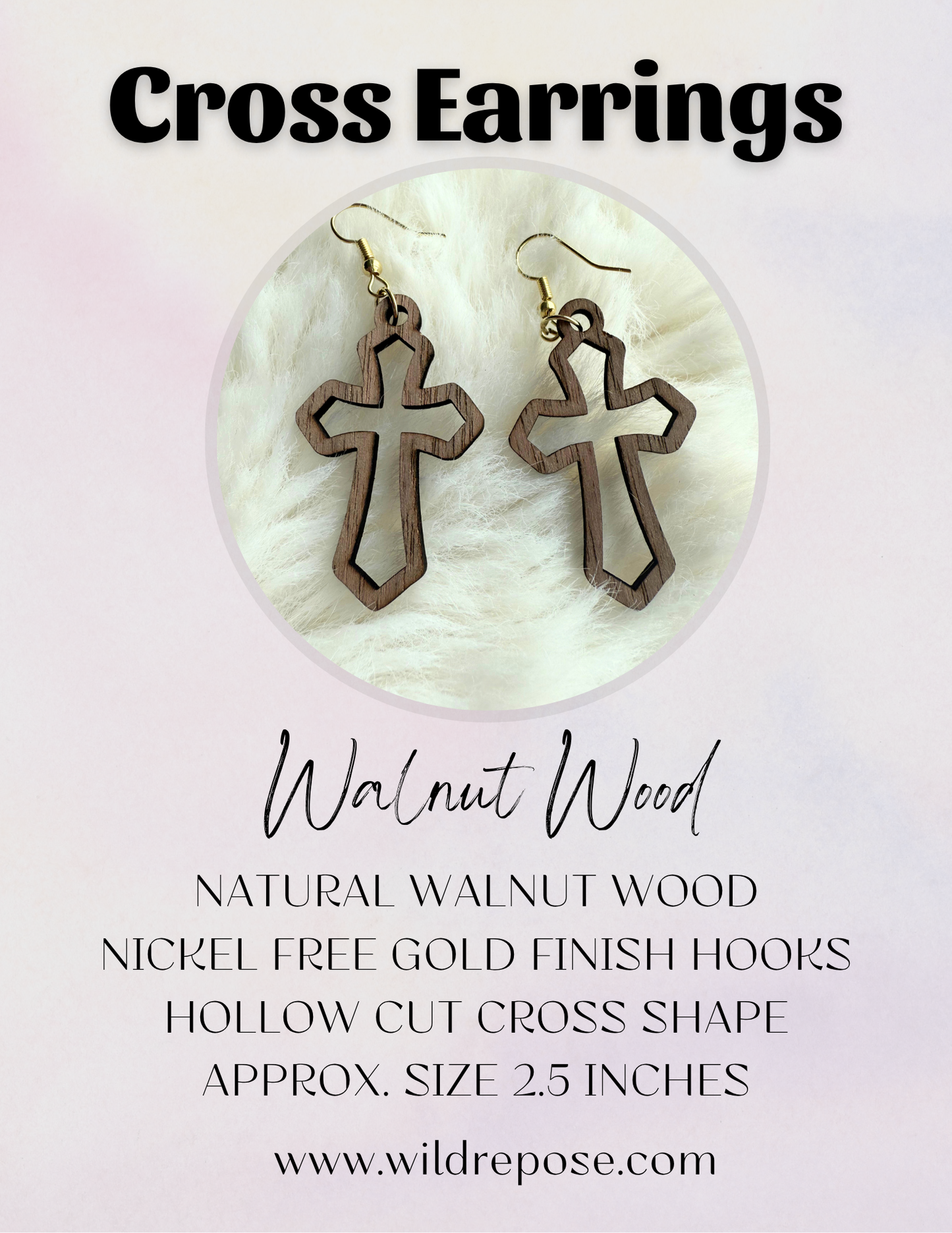Wooden Hollow Cross Earrings – Handcrafted Walnut Wood -Nickel Free Gold Hook