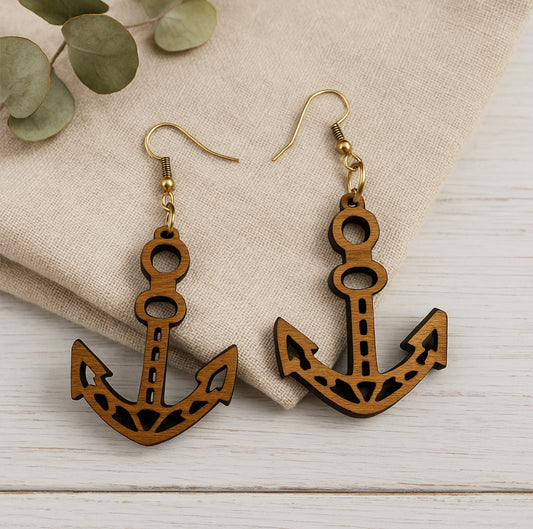 Wooden Anchor Earrings – Nautical Boho Jewelry