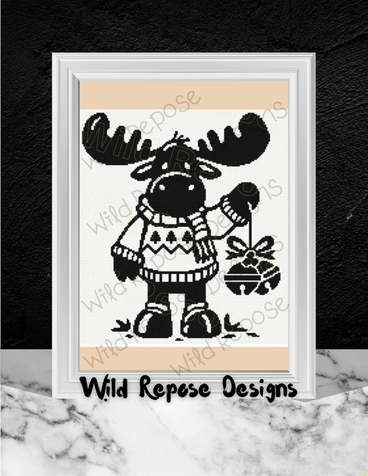 Moose with Jingle Bells B/W Crochet Pattern 180 x 180