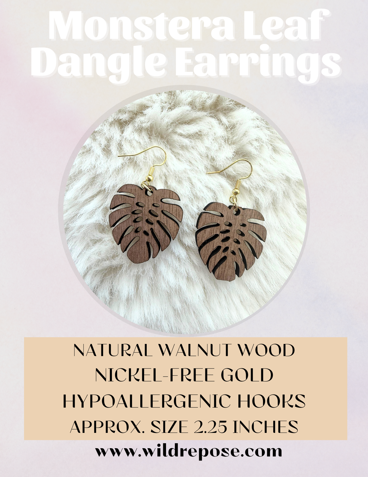 Monstera Leaf Walnut Wood Earrings – Hypoallergenic Nickel-Free Gold Hooks