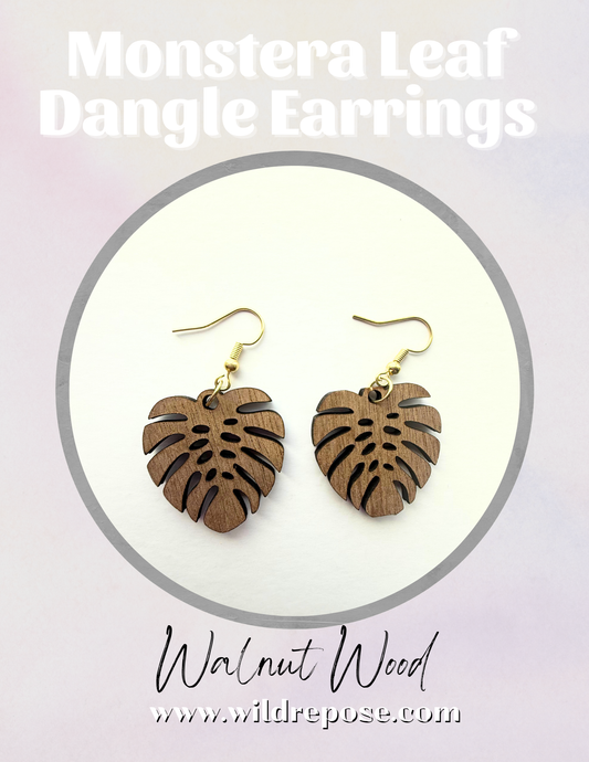 Monstera Leaf Walnut Wood Earrings – Hypoallergenic Nickel-Free Gold Hooks