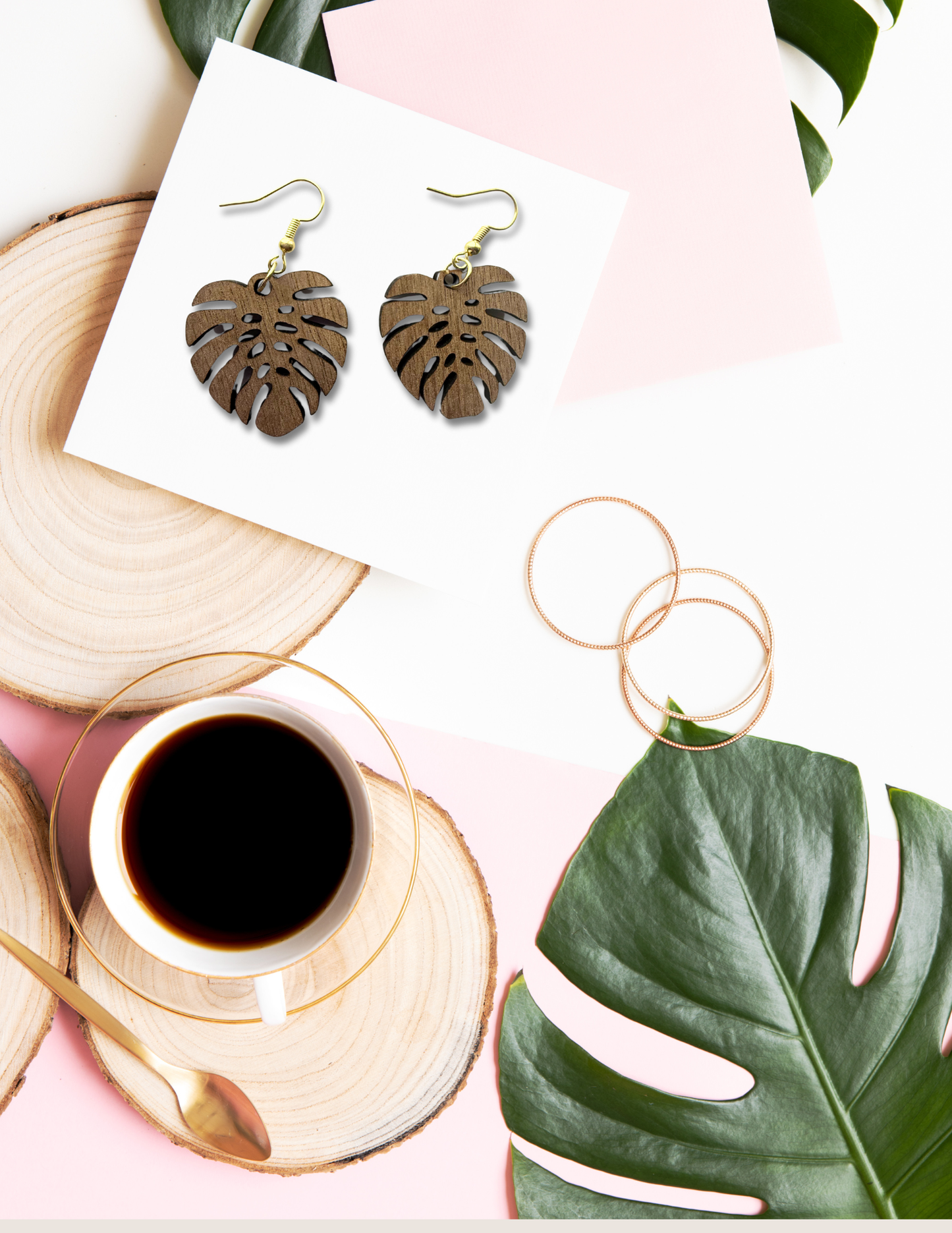 Monstera Leaf Walnut Wood Earrings – Hypoallergenic Nickel-Free Gold Hooks