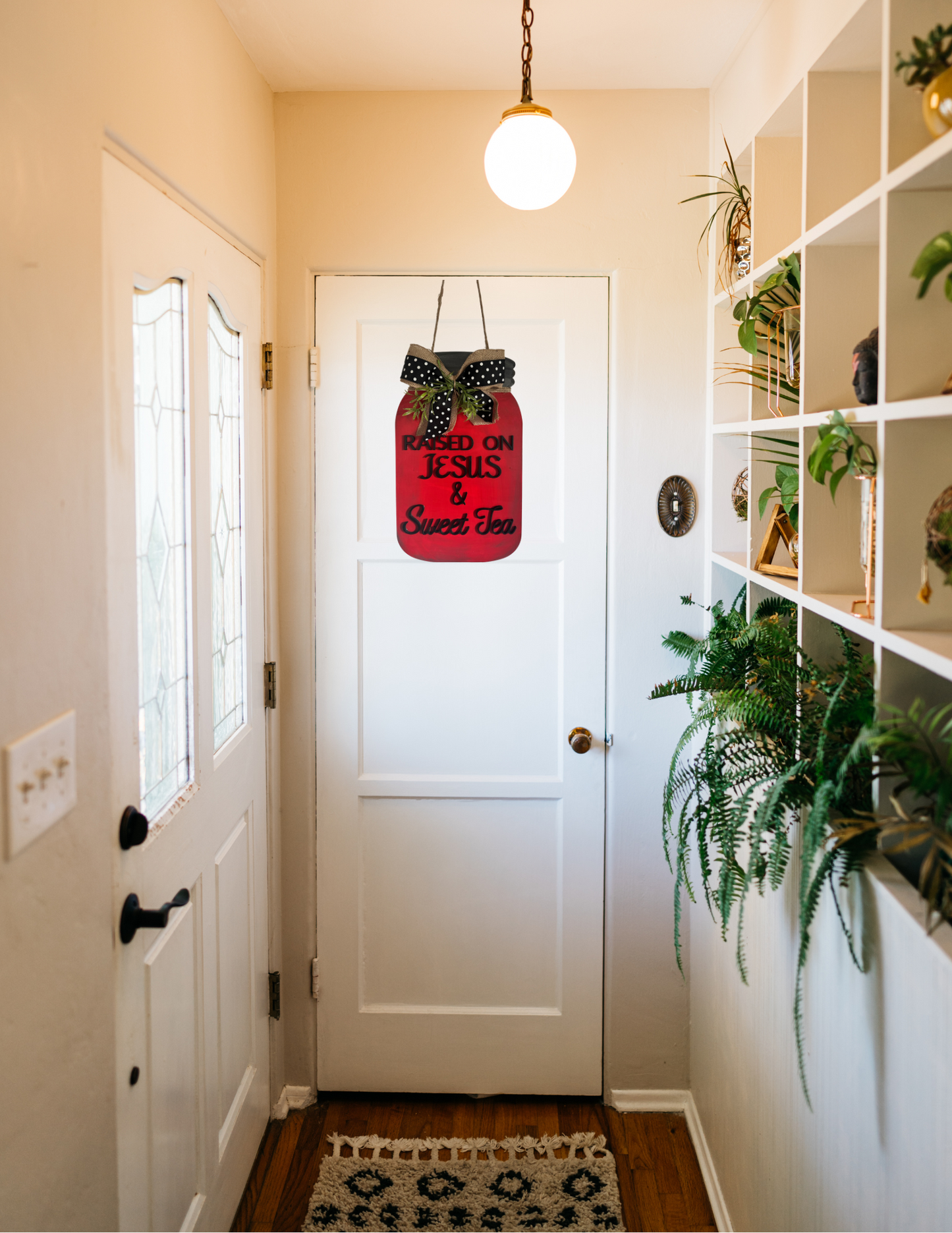 Raised on Jesus & Sweet Tea – Rustic Red Mason Jar Door Hanger (16" x 9.5")