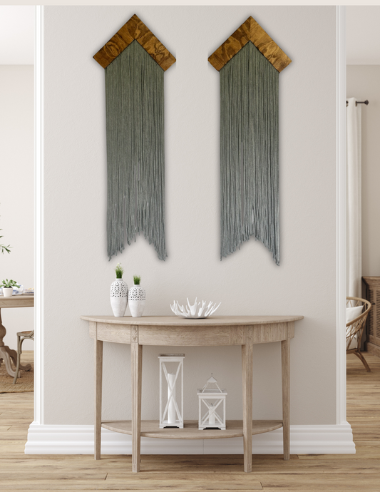 Modern Minimalist Macramé Wall Hanging – Set of 2 with Wood Accents