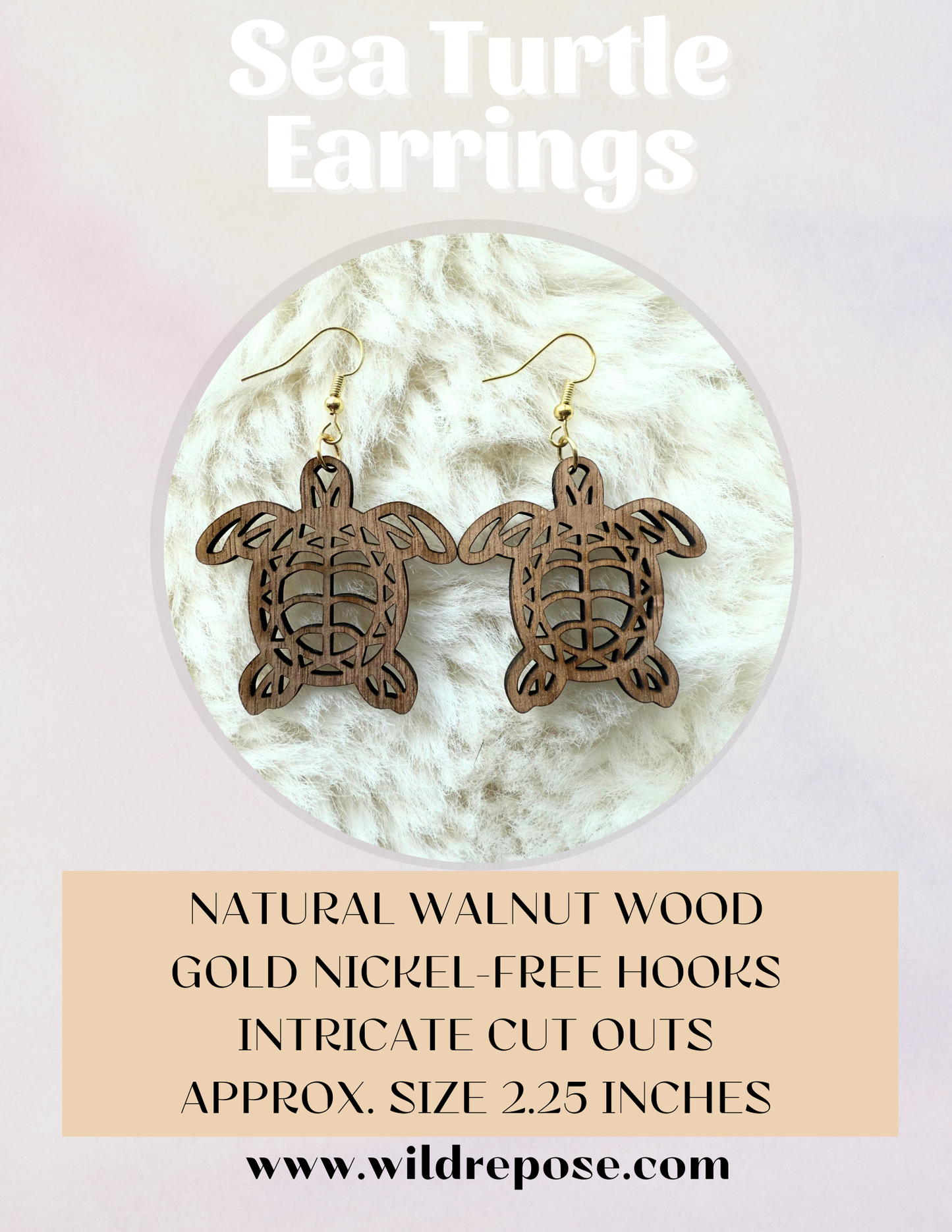 Walnut Wood Sea Turtle Earrings – Filigree Cut, Nickel-Free Hooks