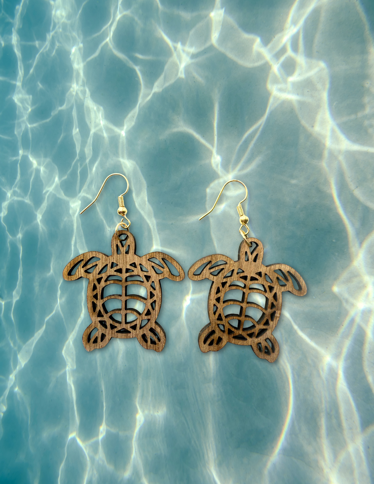 Walnut Wood Sea Turtle Earrings – Filigree Cut, Nickel-Free Hooks