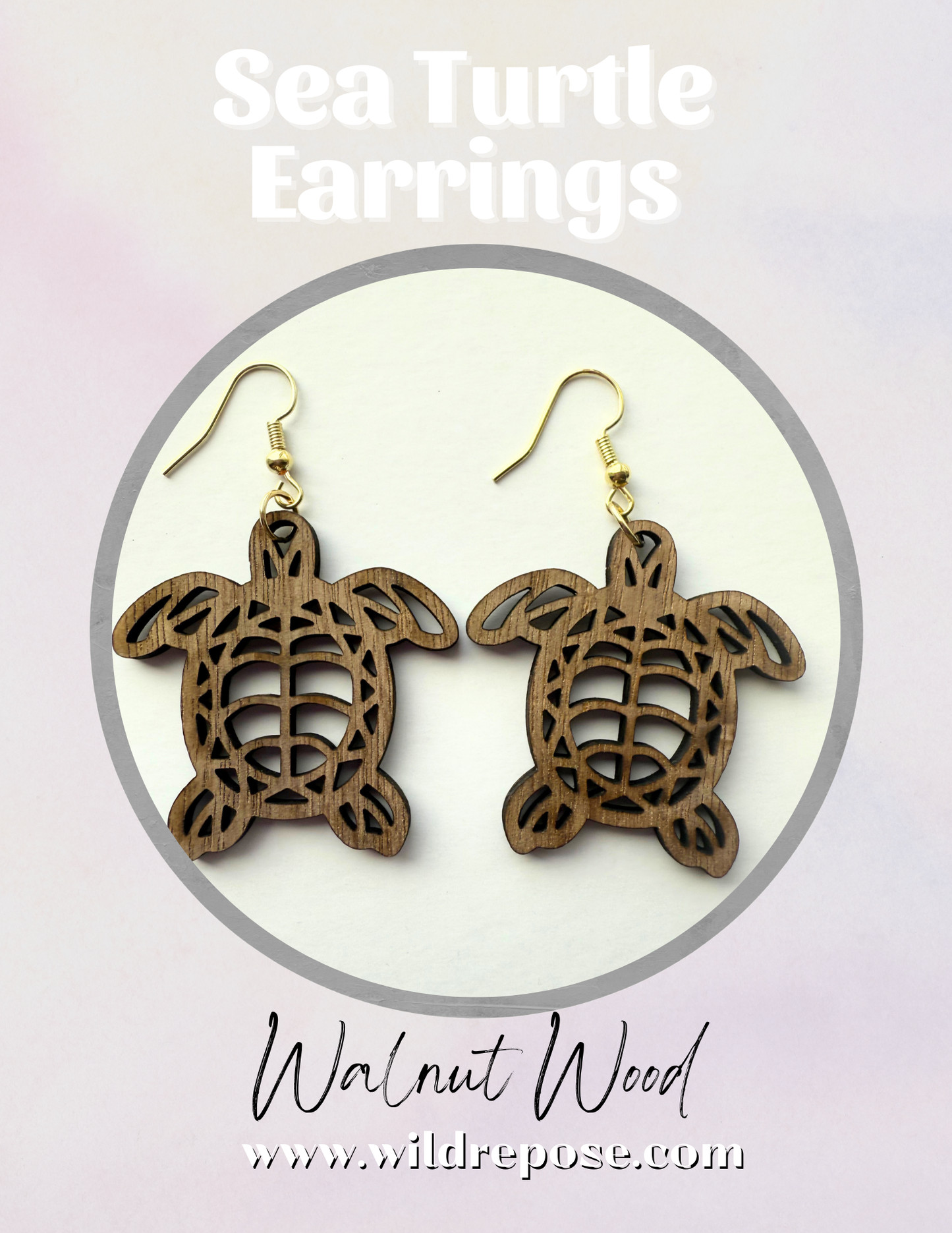 Walnut Wood Sea Turtle Earrings – Filigree Cut, Nickel-Free Hooks